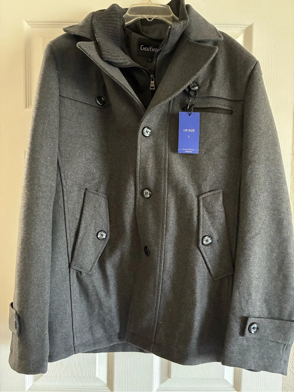 ChouYatou Men's Gray Wool-Blend Pea Coat with Zip-In Inner Layer